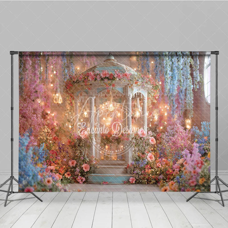 Aperturee - Aperturee Enchanting Floral Gazebo Photography Backdrop Whimsical Garden with Hanging Lights and Pastel Flowers