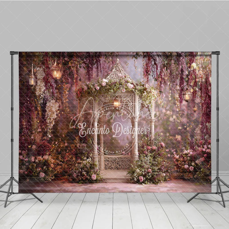 Aperturee - Aperturee Enchanting Floral Gazebo Photography Backdrop with Hanging Lanterns Romantic Garden Theme for Weddings
