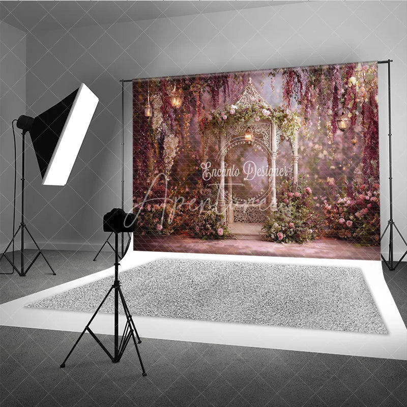 Aperturee - Aperturee Enchanting Floral Gazebo Photography Backdrop with Hanging Lanterns Romantic Garden Theme for Weddings
