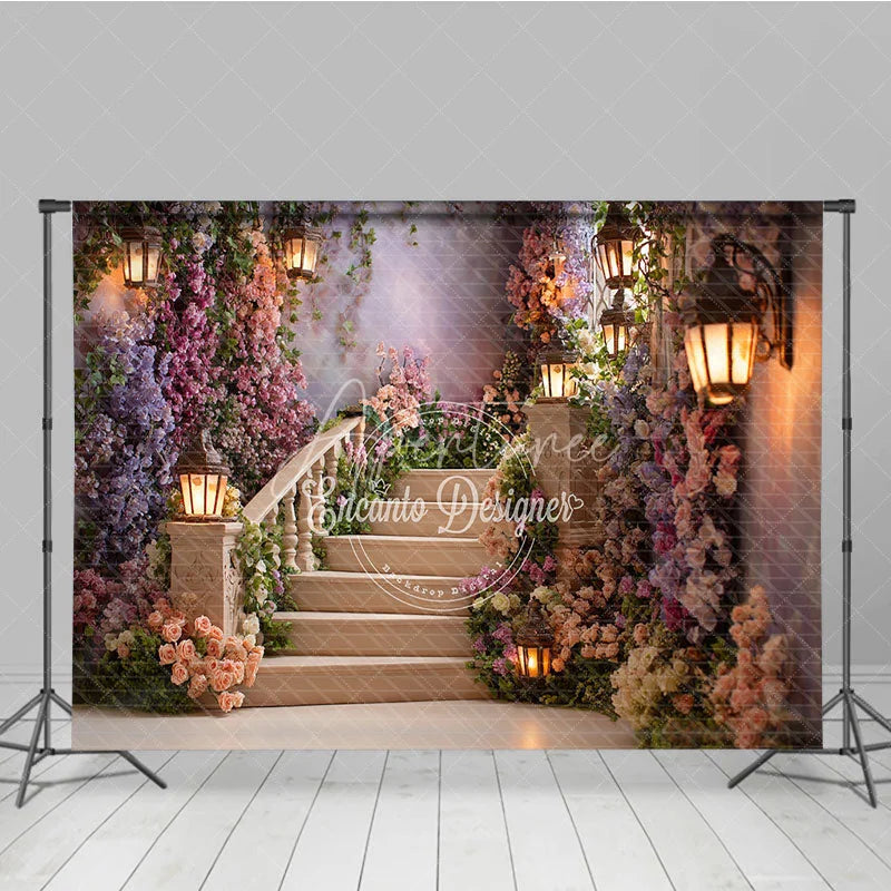 Aperturee - Aperturee Enchanting Floral Staircase Photography Backdrop with Romantic Lanterns Fairytale Garden Theme