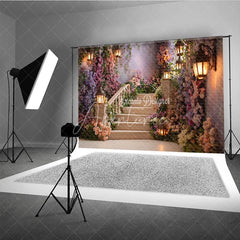 Aperturee - Aperturee Enchanting Floral Staircase Photography Backdrop with Romantic Lanterns Fairytale Garden Theme