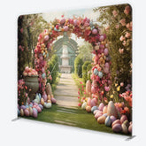 Aperturee - Aperturee Enchanting Garden Archway Square Double-Sided Backdrop Pastel Easter Eggs and Spring Floral Party Decor
