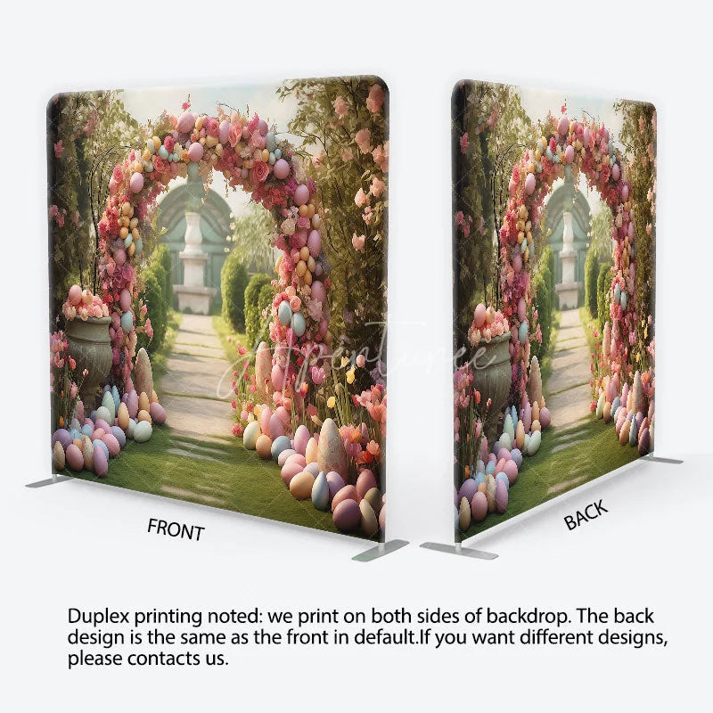 Aperturee - Aperturee Enchanting Garden Archway Square Double-Sided Backdrop Pastel Easter Eggs and Spring Floral Party Decor
