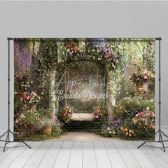 Aperturee - Aperturee Enchanting Garden Floral Archway Photography Backdrop Dreamy Swing and Lush Colorful Blooms