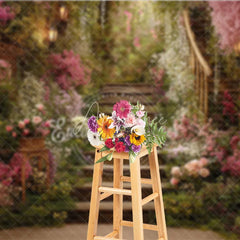 Aperturee - Aperturee Enchanting Garden Photography Backdrop with Winding Wooden Staircase Pink Flowers and Lanterns
