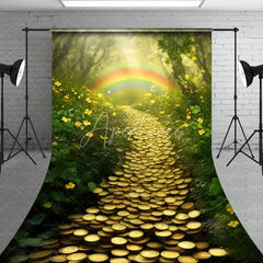 Aperturee - Aperturee Enchanting Green Forest Gold Coin Path Sweep Backdrop Lucky Rainbow St. Patrick’s Day Theme for Photography