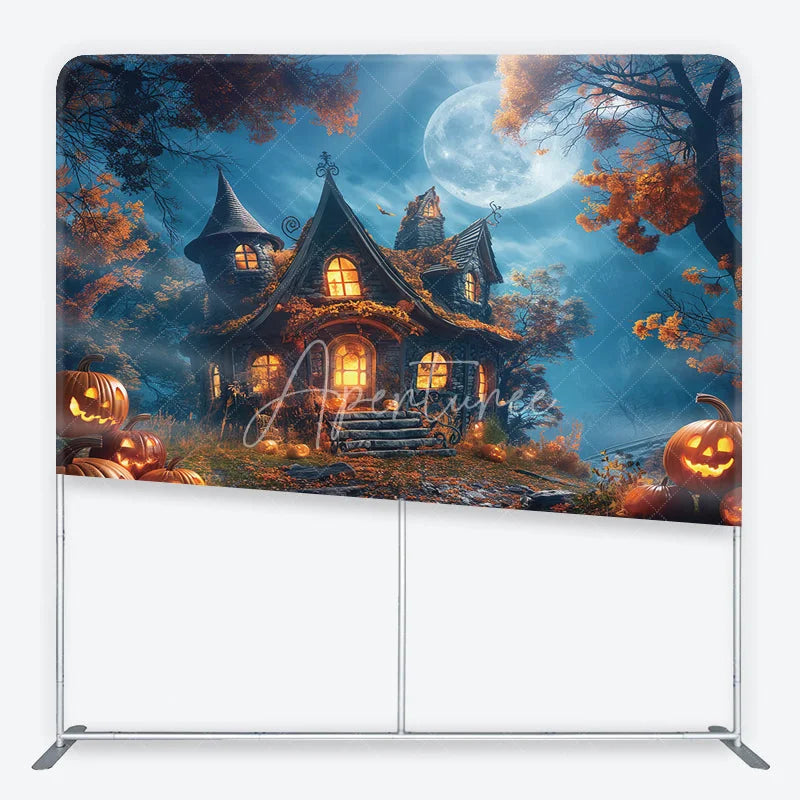Aperturee - Aperturee Enchanting Halloween Haunted House Square Double-Sided Backdrop Full Moon and Jack-O’-Lanterns Decor