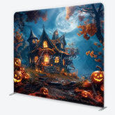 Aperturee - Aperturee Enchanting Halloween Haunted House Square Double-Sided Backdrop Full Moon and Jack-O’-Lanterns Decor