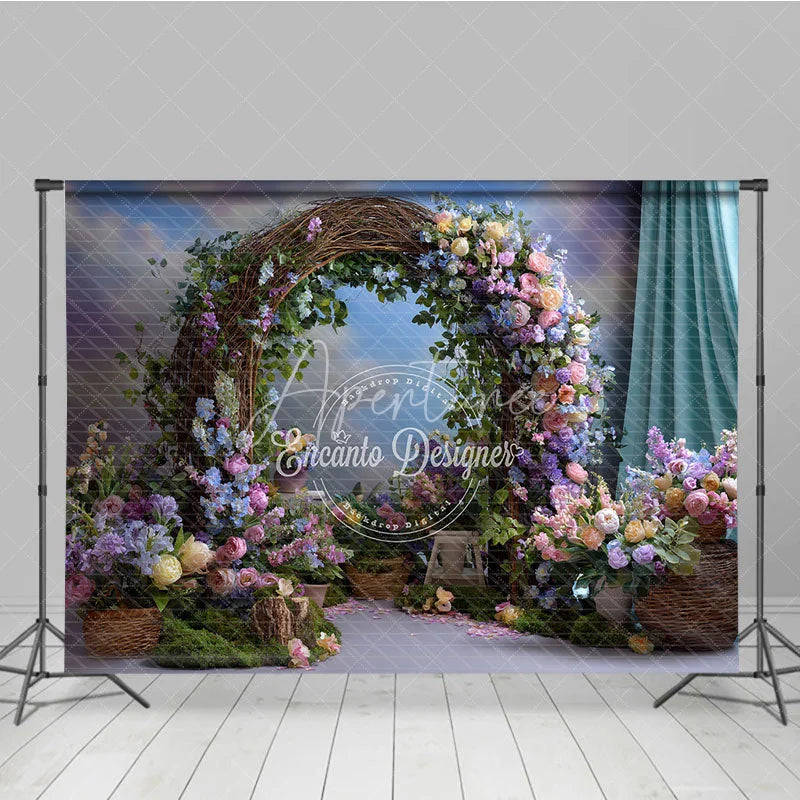 Aperturee - Aperturee Enchanting Rustic Floral Arch Photography Backdrop with Pastel Flowers Green Foliage for Wedding or Baby Shower
