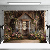 Aperturee - Aperturee Enchanting Rustic Wooden Cabin Photography Backdrop Lush Floral Garden Door and Window Scene