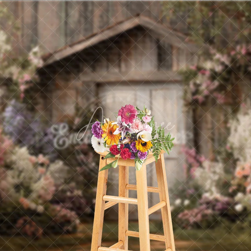 Aperturee - Aperturee Enchanting Rustic Wooden Shed with Pink and White Flowers Photography Backdrop Lush Garden Scene