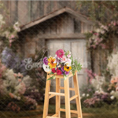 Aperturee - Aperturee Enchanting Rustic Wooden Shed with Pink and White Flowers Photography Backdrop Lush Garden Scene