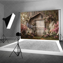 Aperturee - Aperturee Enchanting Rustic Wooden Shed with Pink and White Flowers Photography Backdrop Lush Garden Scene