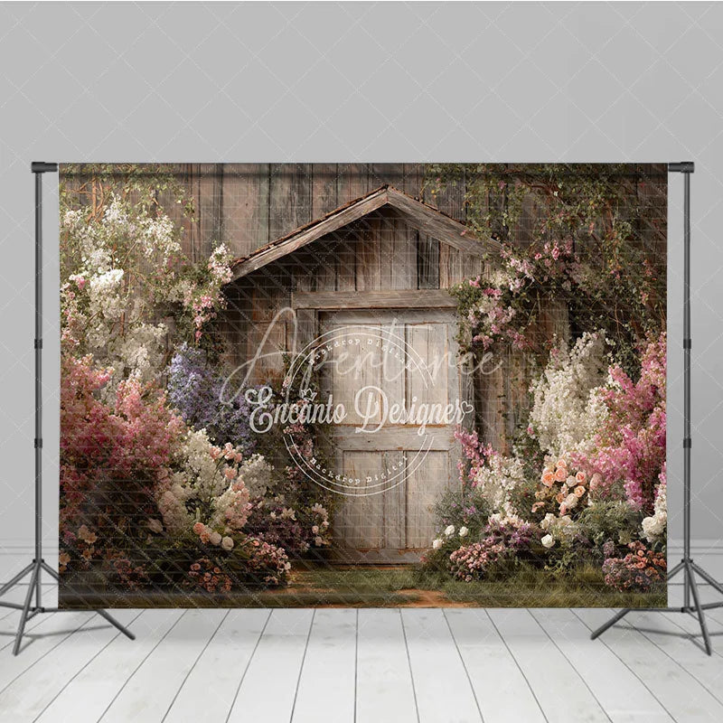 Aperturee - Aperturee Enchanting Rustic Wooden Shed with Pink and White Flowers Photography Backdrop Lush Garden Scene