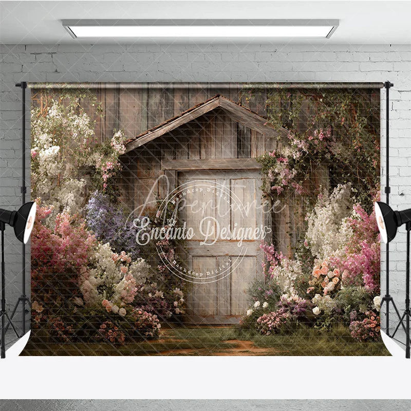 Aperturee - Aperturee Enchanting Rustic Wooden Shed with Pink and White Flowers Photography Backdrop Lush Garden Scene