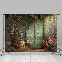 Aperturee - Aperturee Enchanting Secret Garden Photography Backdrop with Weathered Green Door Lush Pink Roses and Climbing Vines