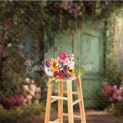 Aperturee - Aperturee Enchanting Secret Garden Photography Backdrop with Weathered Green Door Lush Pink Roses and Climbing Vines