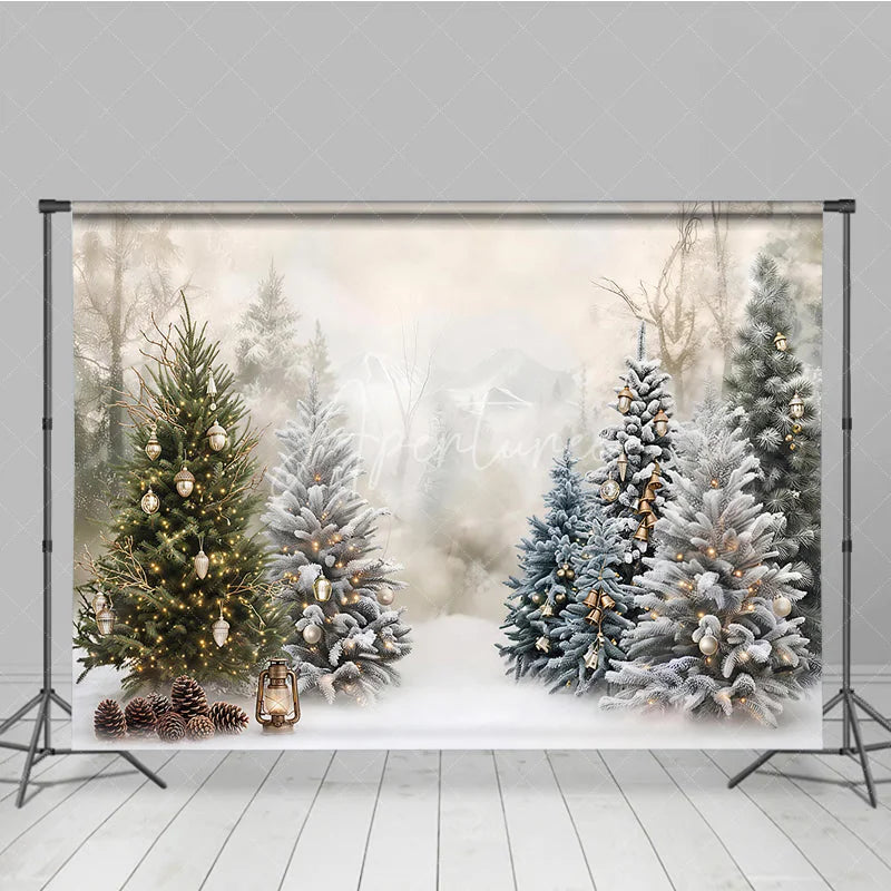Aperturee - Aperturee Enchanting Snowy Winter Forest Holiday Backdrop with Decorated Christmas Trees Golden Ornaments and Pinecones