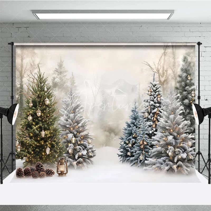 Aperturee - Aperturee Enchanting Snowy Winter Forest Holiday Backdrop with Decorated Christmas Trees Golden Ornaments and Pinecones