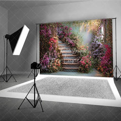 Aperturee - Aperturee Enchanting Winding Staircase Photography Backdrop with Vibrant Bougainvillea and Lush Greenery
