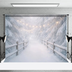 Aperturee - Aperturee Enchanting Winter Forest Photography Backdrop with Snow Covered Pine Trees Rustic Fence and Warm Fairy Lights