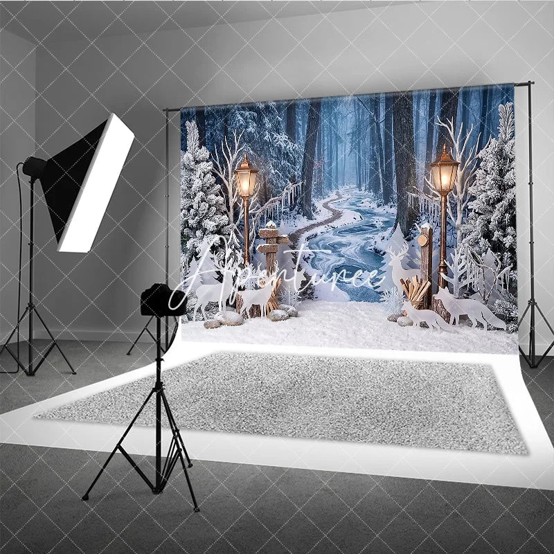 Aperturee - Aperturee Enchanting Winter Forest Photography Backdrop with Snow Frozen Stream Street Lamps Deer for Christmas Holiday