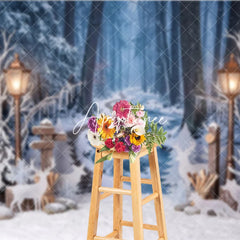 Aperturee - Aperturee Enchanting Winter Forest Photography Backdrop with Snow Frozen Stream Street Lamps Deer for Christmas Holiday