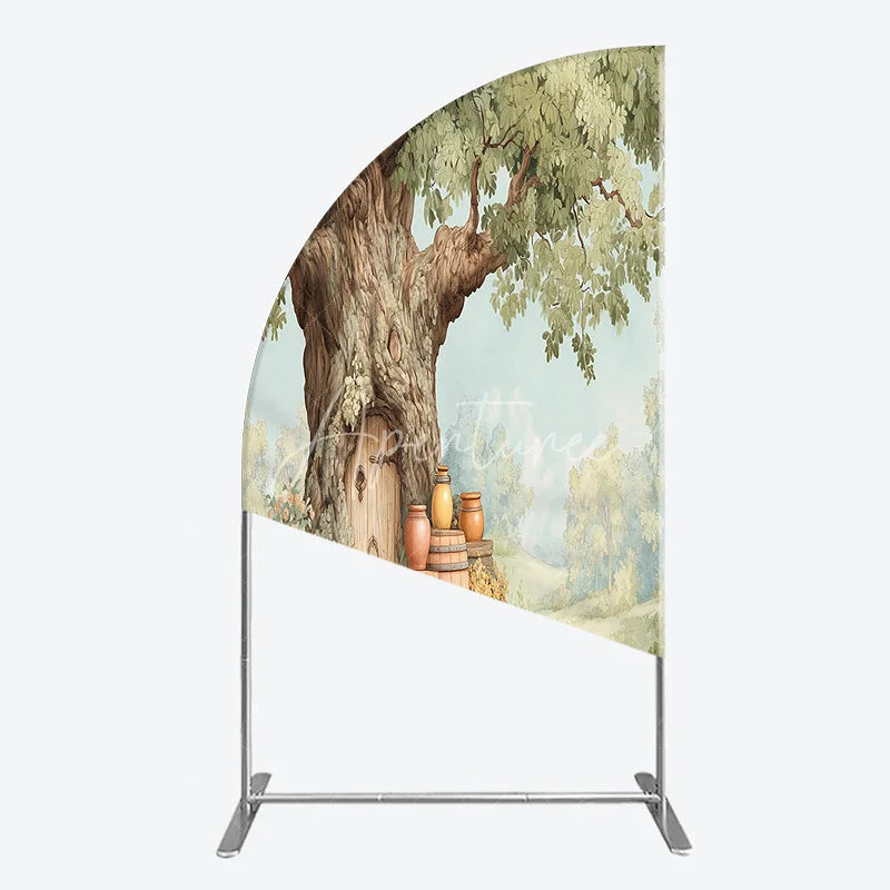 Aperturee - Aperturee Enchanting Woodland Tree House Half Moon Arch Backdrop Rustic Fairytale Door and Green Foliage Decor