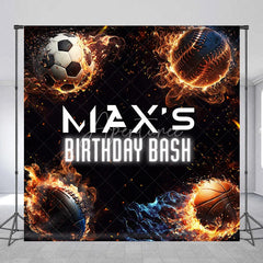 Aperturee - Aperturee Energetic Custom Sports Balls Fire Birthday Bash Backdrop with Personalized Name Dynamic Party Decoration