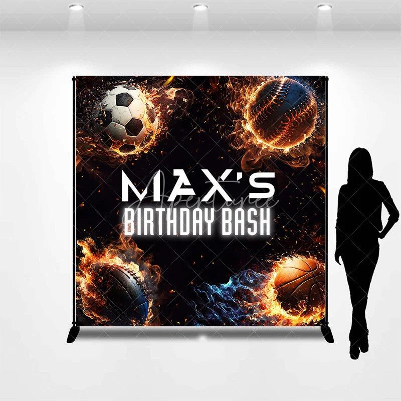 Aperturee - Aperturee Energetic Custom Sports Balls Fire Birthday Bash Backdrop with Personalized Name Dynamic Party Decoration