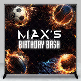 Aperturee - Aperturee Energetic Custom Sports Balls Fire Birthday Bash Backdrop with Personalized Name Dynamic Party Decoration