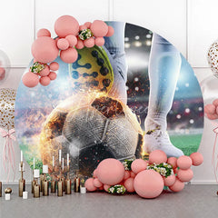 Aperturee - Aperturee Energetic Soccer Player Kicking Fiery Ball Round Backdrop Thrilling Stadium Sports Game Day Decor