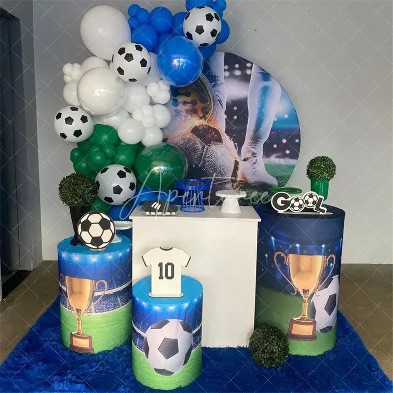 Aperturee - Aperturee Energetic Soccer Player Kicking Flaming Ball Round Backdrop Kit Stadium and Golden Trophy Pedestals for Sports Party