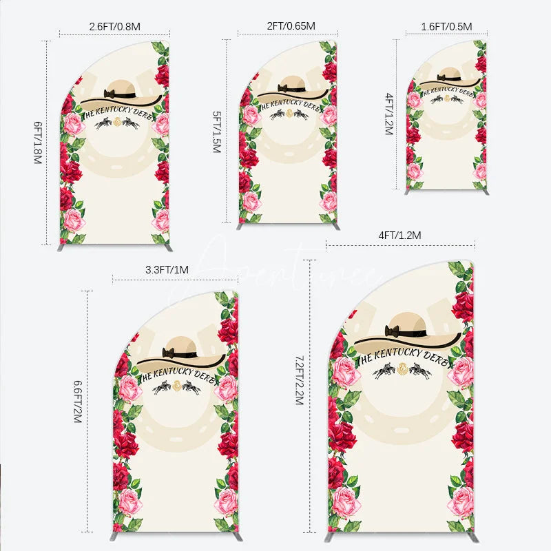 Aperturee - Aperturee Equestrian Race Day Half Moon Arch Backdrop with Elegant Hat Horse Silhouettes and Vibrant Red Roses