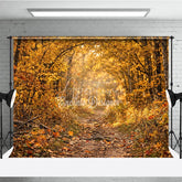 Aperturee - Aperturee Ethereal Golden Autumn Forest Photography Backdrop Sunlit Path with Falling Leaves for Seasonal Portraits