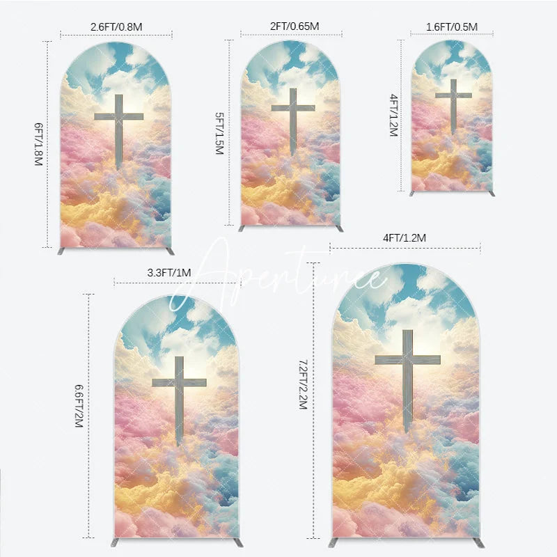 Aperturee - Aperturee Ethereal Pastel Clouds and Divine Cross Round Top Arch Backdrop Heavenly Religious Event Decor