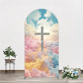 Aperturee - Aperturee Ethereal Pastel Clouds and Divine Cross Round Top Arch Backdrop Heavenly Religious Event Decor