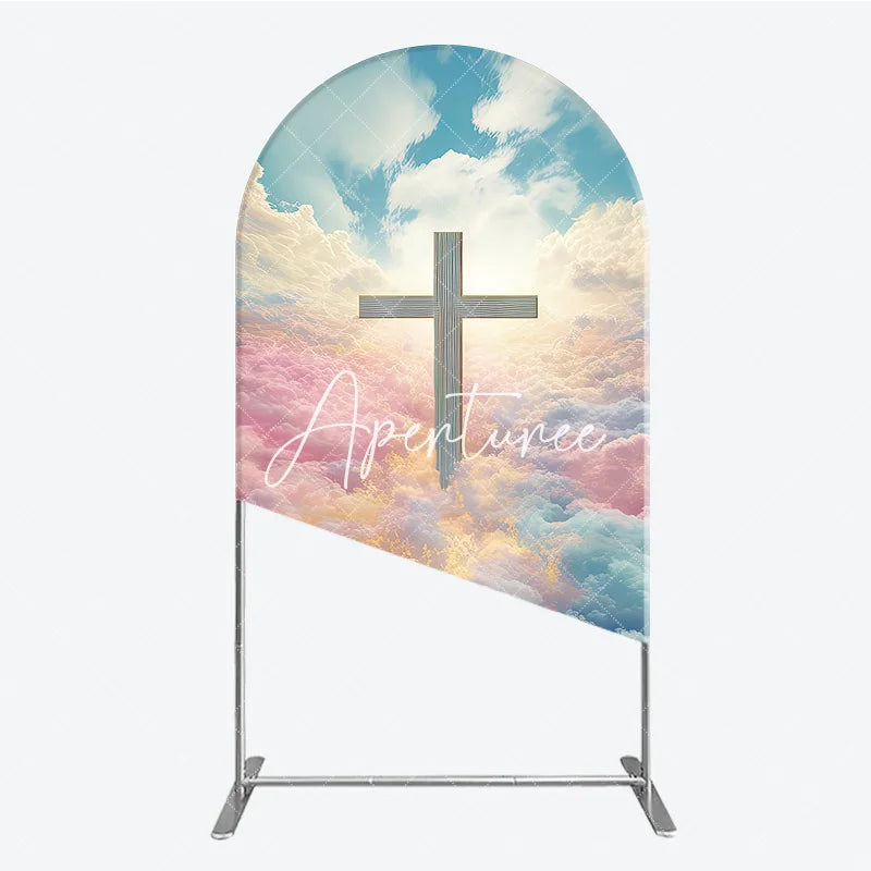 Aperturee - Aperturee Ethereal Pastel Clouds and Divine Cross Round Top Arch Backdrop Heavenly Religious Event Decor