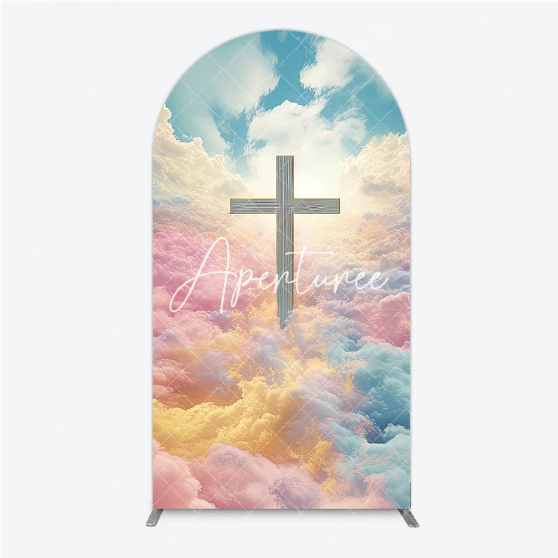 Aperturee - Aperturee Ethereal Pastel Clouds and Divine Cross Round Top Arch Backdrop Heavenly Religious Event Decor