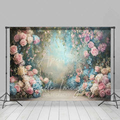 Aperturee - Aperturee Ethereal Pink Roses Blue Hydrangeas Floral Garden Spring Photography Backdrop Wedding Baby Shower