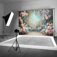 Aperturee - Aperturee Ethereal Pink Roses Blue Hydrangeas Floral Garden Spring Photography Backdrop Wedding Baby Shower
