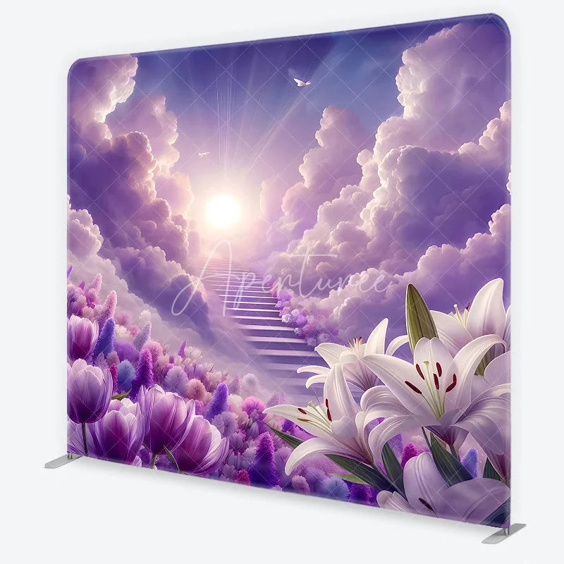Aperturee - Aperturee Ethereal Purple Cloud Heavenly Stairway Square Double-Sided Backdrop Dreamy Floral Garden Photography