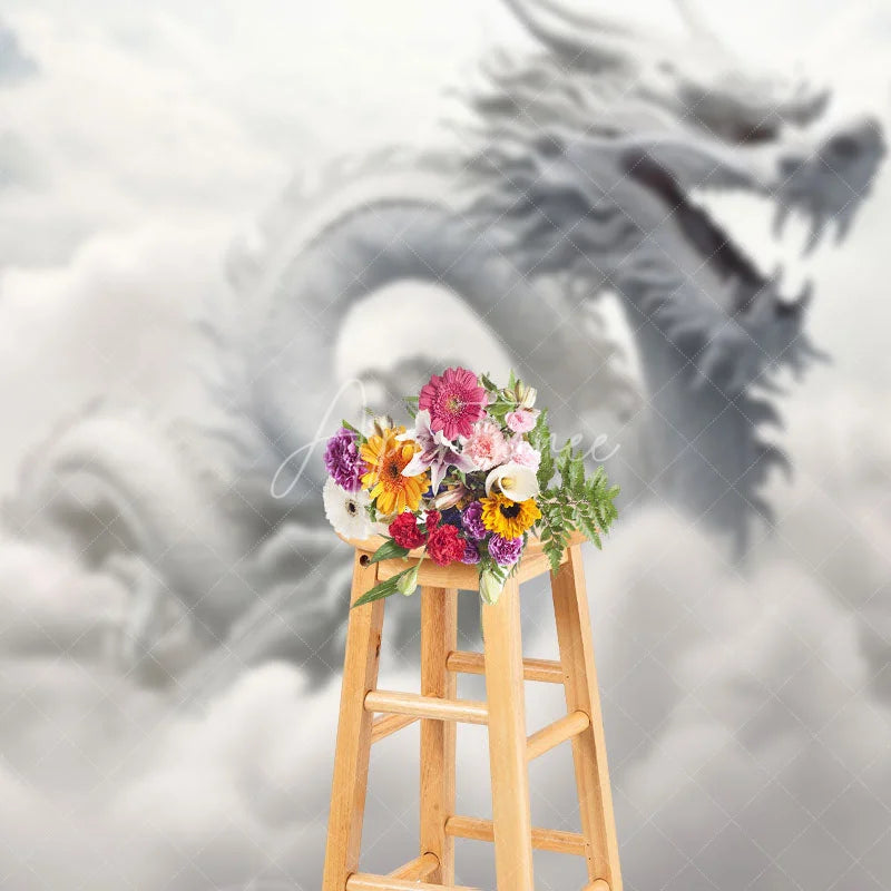 Aperturee - Aperturee Ethereal White Dragon Photography Backdrop Majestic Mythical Creature in Heavenly Clouds and Mountains