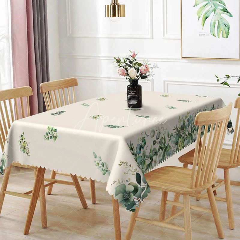 Aperturee - Aperturee Eucalyptus Greenery Rectangle Tablecloth Botanical Leaf Pattern Dining Table Decor