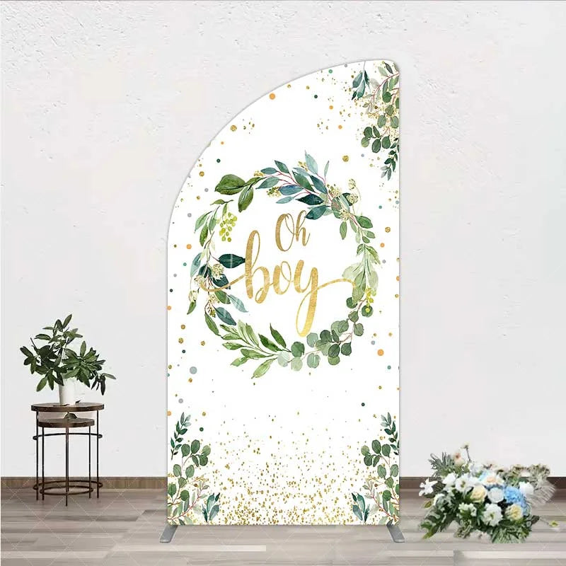 Aperturee - Aperturee Eucalyptus Wreath Oh Boy Half Moon Arch Backdrop Greenery and Gold Glitter Baby Shower Decoration