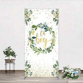 Aperturee - Aperturee Eucalyptus Wreath Oh Boy Rectangle Backdrop Greenery and Gold Glitter Baby Shower Decoration