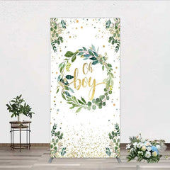 Aperturee - Aperturee Eucalyptus Wreath Oh Boy Rectangle Backdrop Greenery and Gold Glitter Baby Shower Decoration