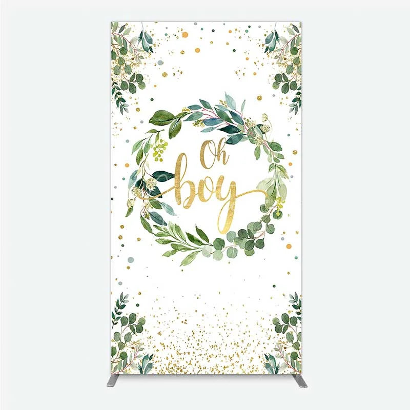 Aperturee - Aperturee Eucalyptus Wreath Oh Boy Rectangle Backdrop Greenery and Gold Glitter Baby Shower Decoration