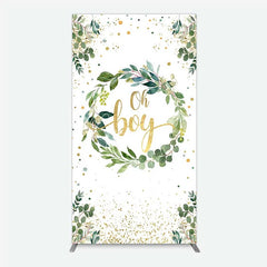 Aperturee - Aperturee Eucalyptus Wreath Oh Boy Rectangle Backdrop Greenery and Gold Glitter Baby Shower Decoration