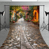 Aperturee - Aperturee European Old Town Cobblestone Street Backdrop Spring Floral Vintage Village Alley Photography Background